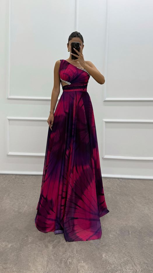 One Shoulder Waist Transparent Embroidery Detail Evening Dress