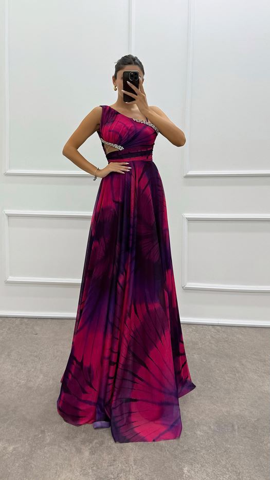 One Shoulder Waist Transparent Embroidery Detail Evening Dress