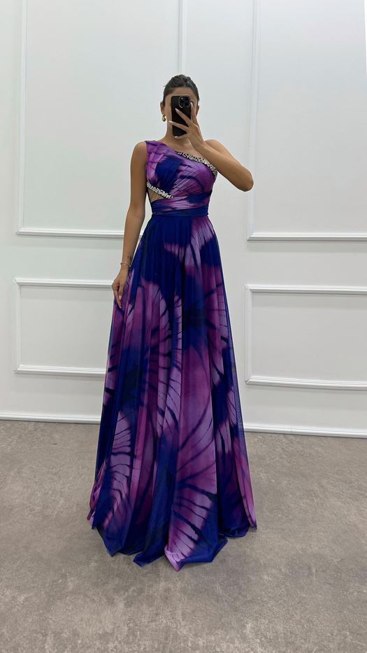 One Shoulder Waist Transparent Embroidery Detail Evening Dress