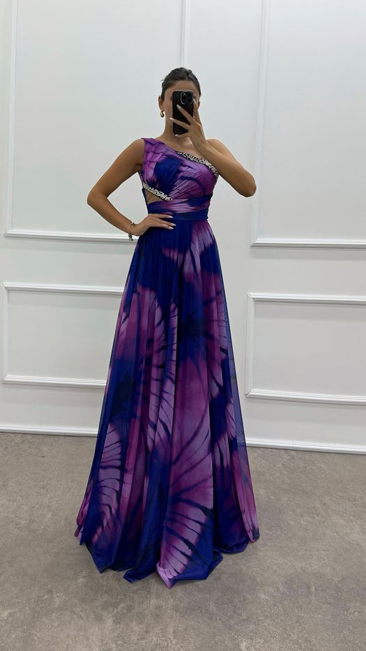 One Shoulder Waist Transparent Embroidery Detail Evening Dress