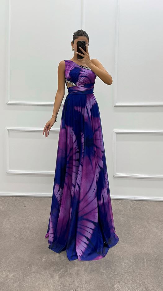 One Shoulder Waist Transparent Embroidery Detail Evening Dress