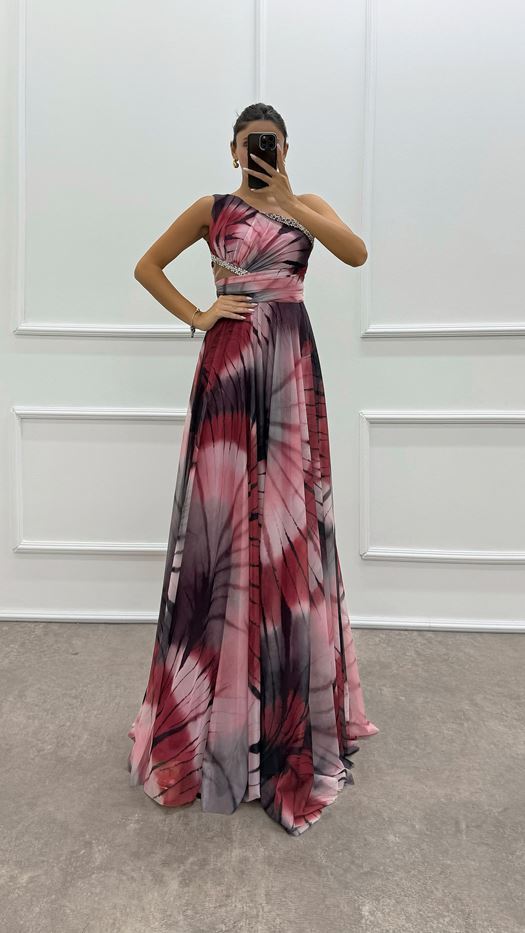 One Shoulder Waist Transparent Embroidery Detail Evening Dress