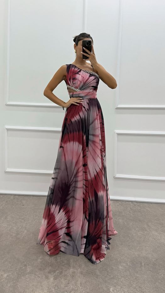 One Shoulder Waist Transparent Embroidery Detail Evening Dress