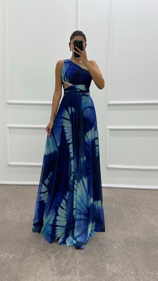 One Shoulder Waist Transparent Embroidery Detail Evening Dress