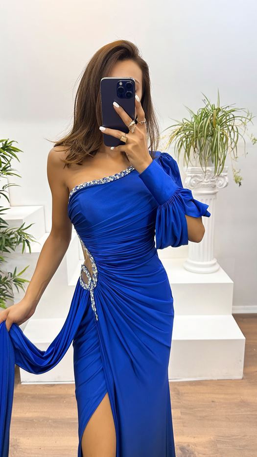 One Shoulder Waist Stone Detail Evening Dress