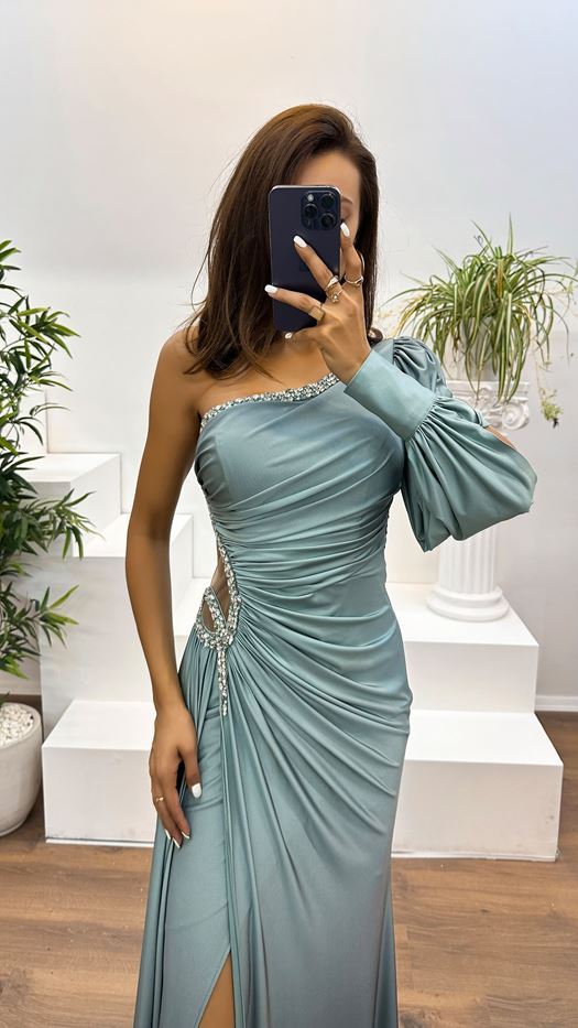 One Shoulder Waist Stone Detail Evening Dress