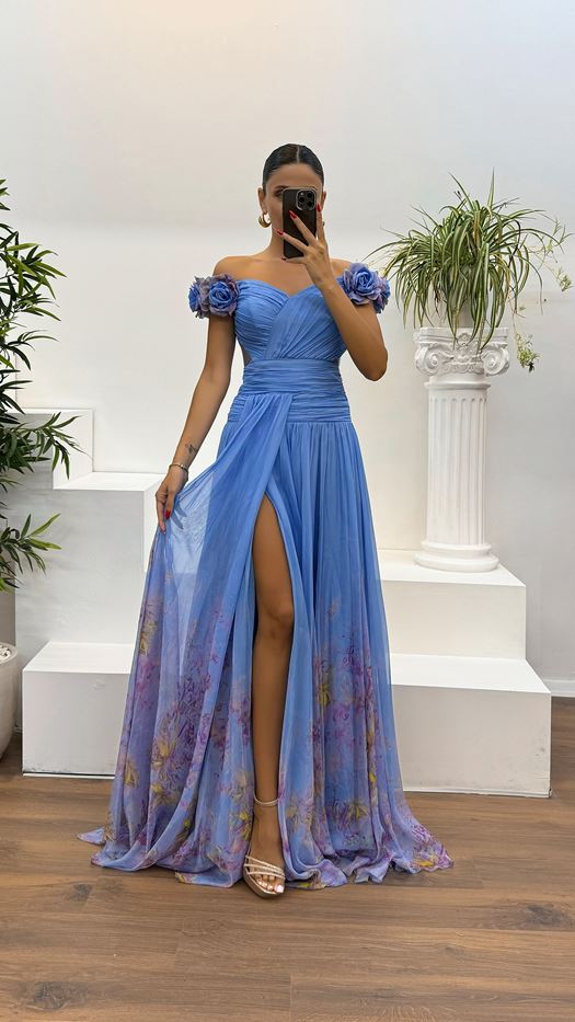 Waist Detail Patterned Chiffon Evening Dress