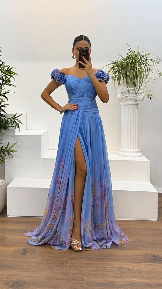 Waist Detail Patterned Chiffon Evening Dress