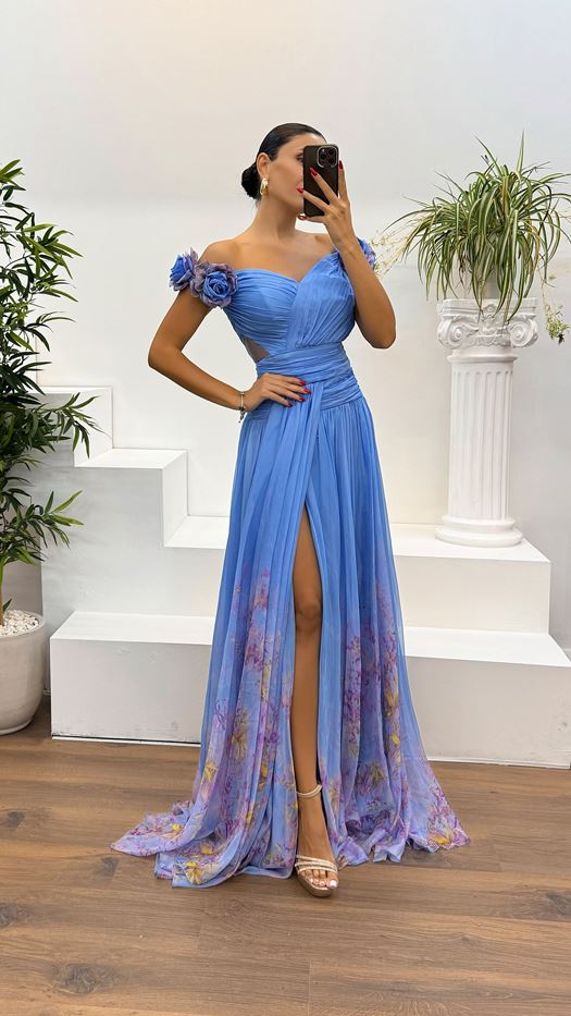 Waist Detail Patterned Chiffon Evening Dress