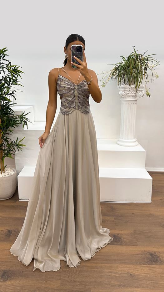 Evening Dress with Stone Rope Strap and Embroidered Back Detail