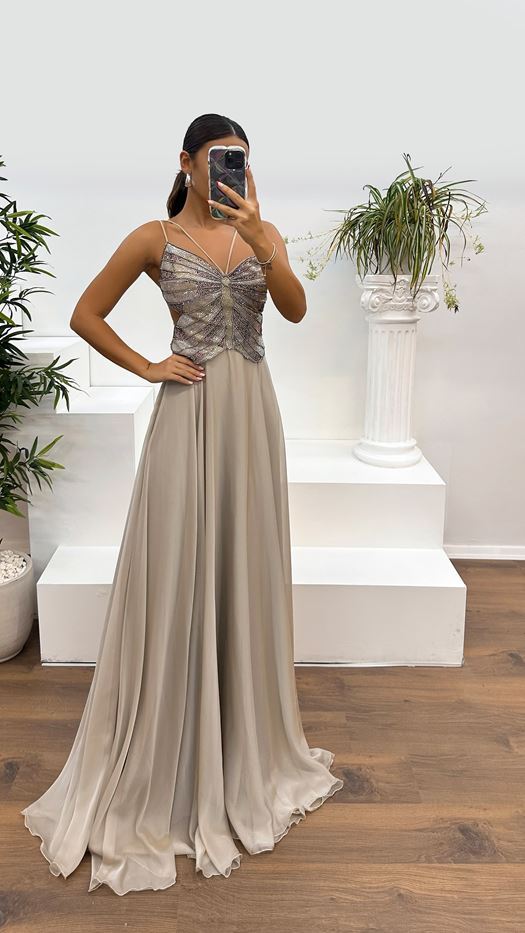 Evening Dress with Stone Rope Strap and Embroidered Back Detail