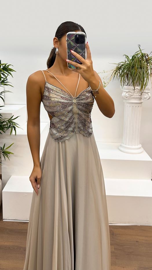 Evening Dress with Stone Rope Strap and Embroidered Back Detail