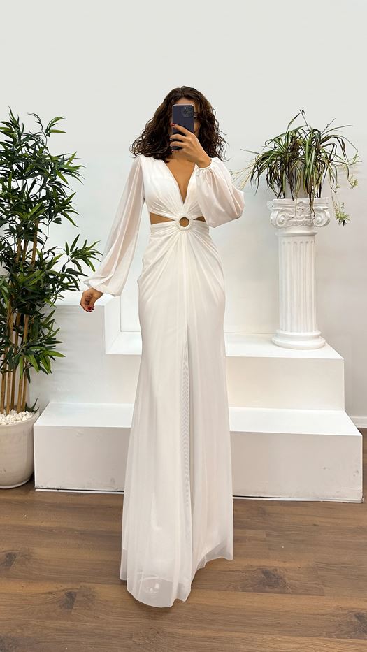 V-Neck Waist Detail Evening Dress