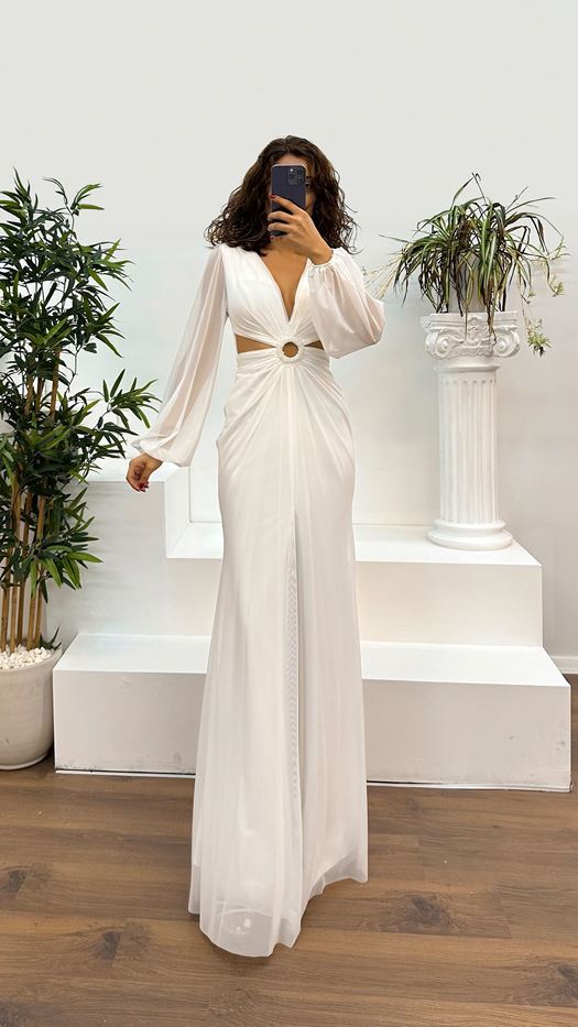 V-Neck Waist Detail Evening Dress