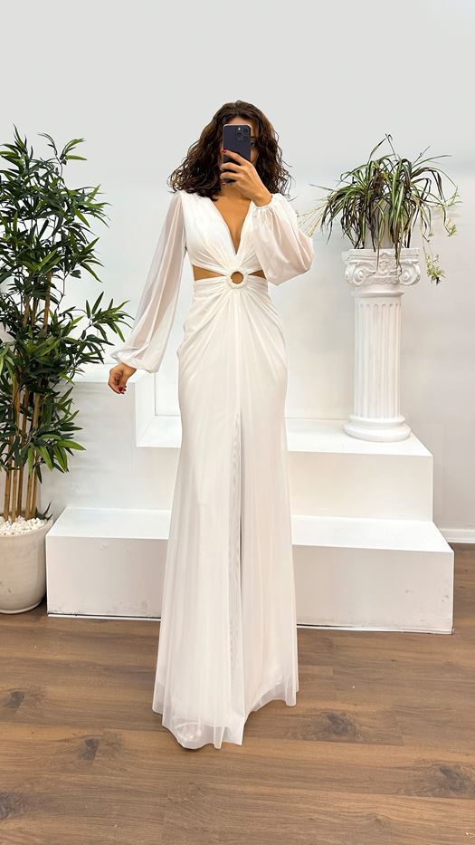 V-Neck Waist Detail Evening Dress