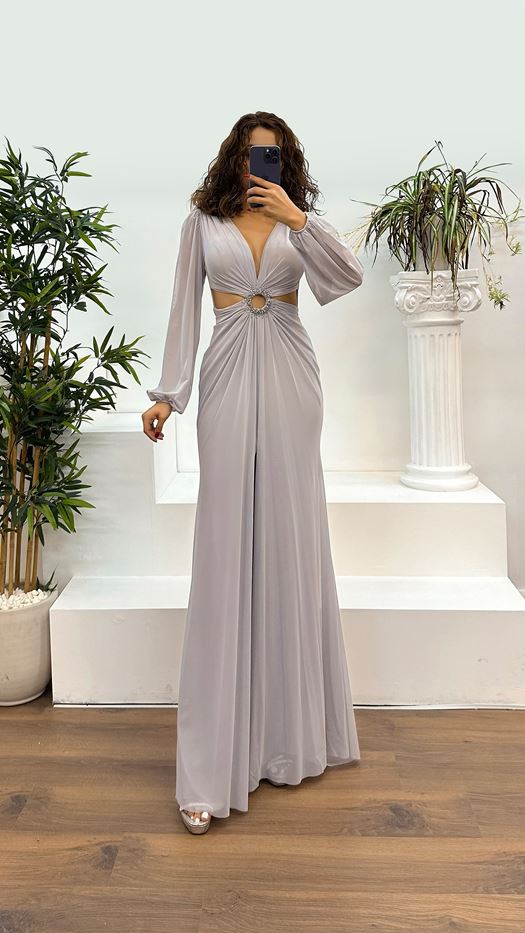 V-Neck Waist Detail Evening Dress