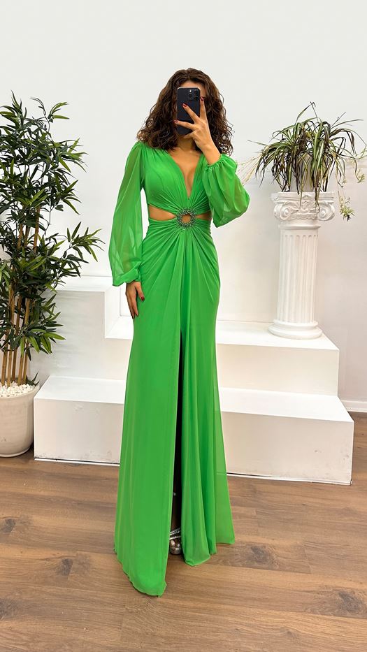 V-Neck Waist Detail Evening Dress