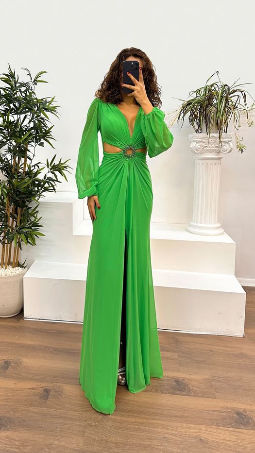 V-Neck Waist Detail Evening Dress