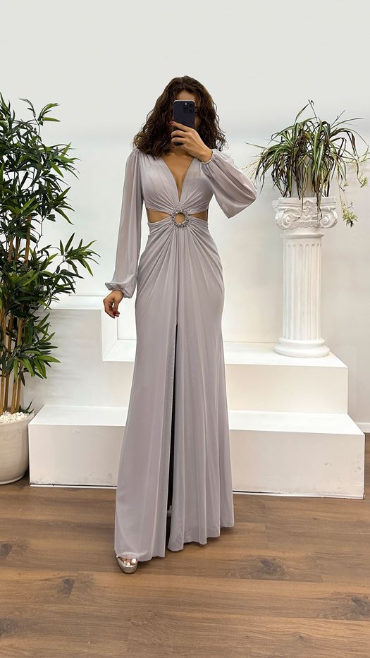 V-Neck Waist Detail Evening Dress
