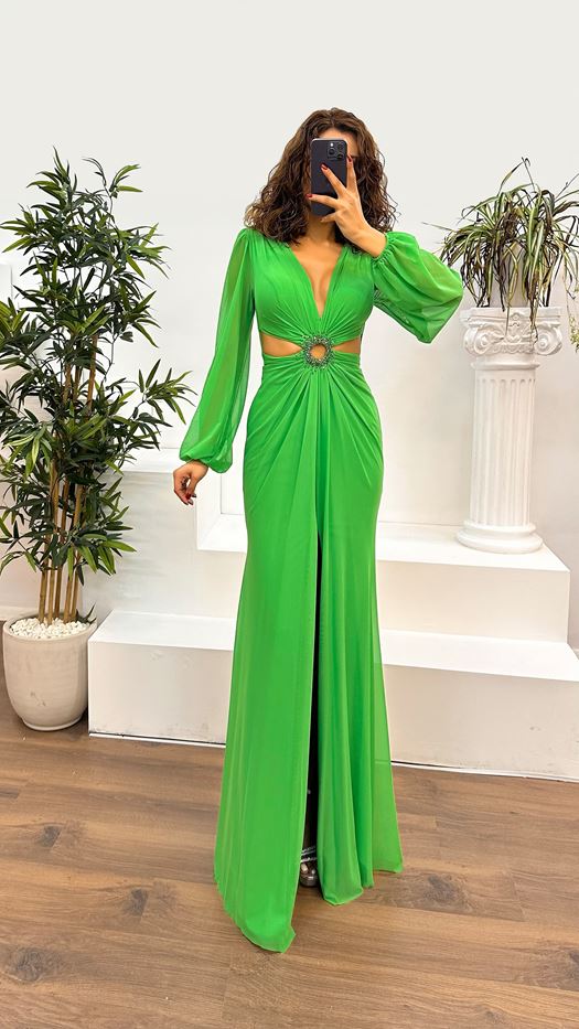 V-Neck Waist Detail Evening Dress