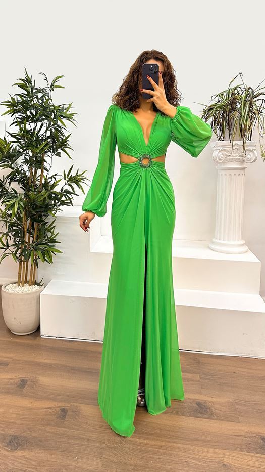V-Neck Waist Detail Evening Dress