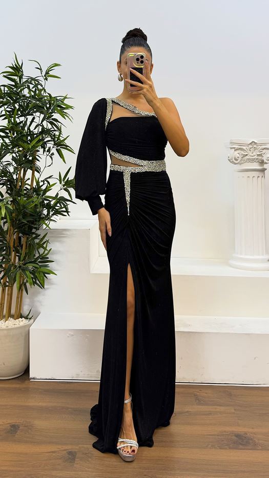 Single Sleeve Transparent Stone Design Evening Dress