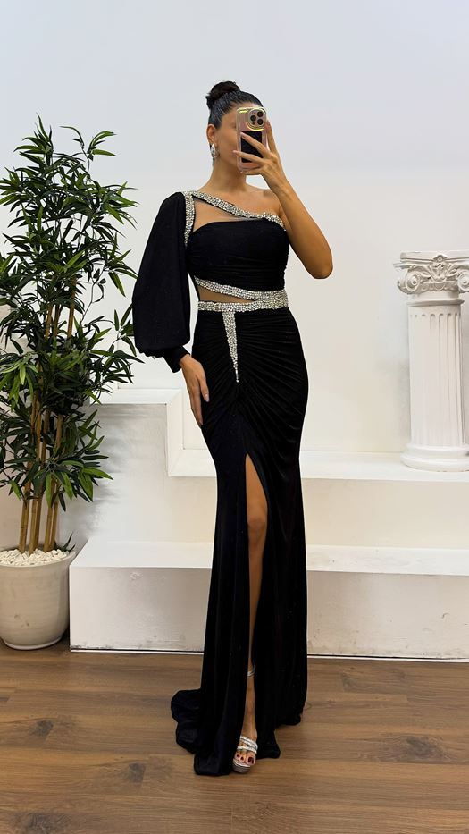 Single Sleeve Transparent Stone Design Evening Dress