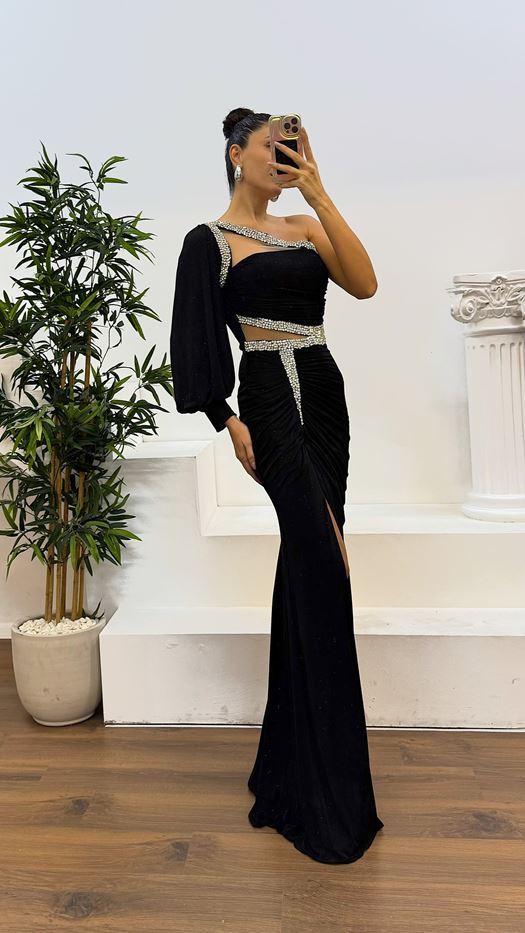 Single Sleeve Transparent Stone Design Evening Dress