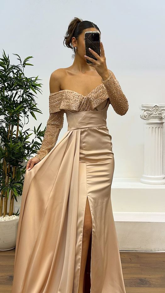 Boat Neck Satin Evening Dress