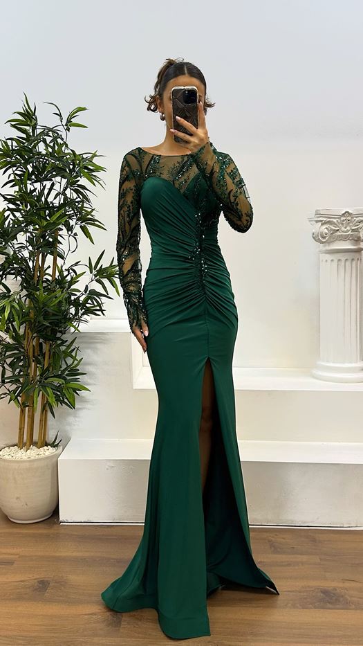 Embroidered Drape Detail Evening Dress