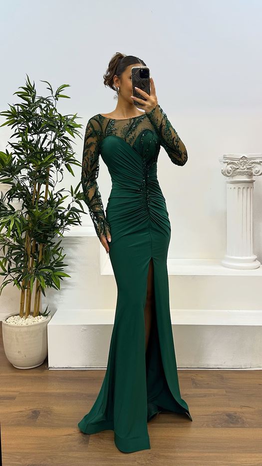 Embroidered Drape Detail Evening Dress