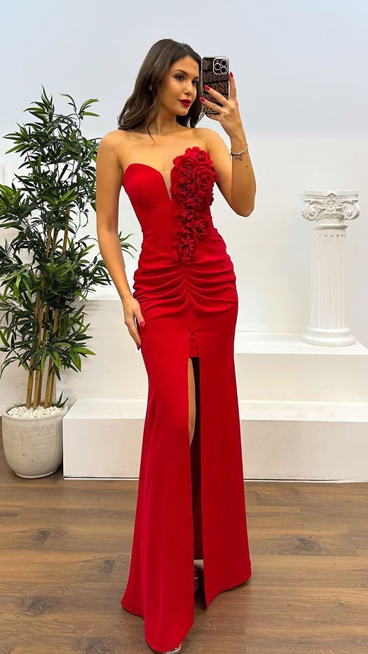 Strapless Flower Detail Evening Dress