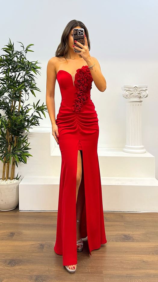 Strapless Flower Detail Evening Dress