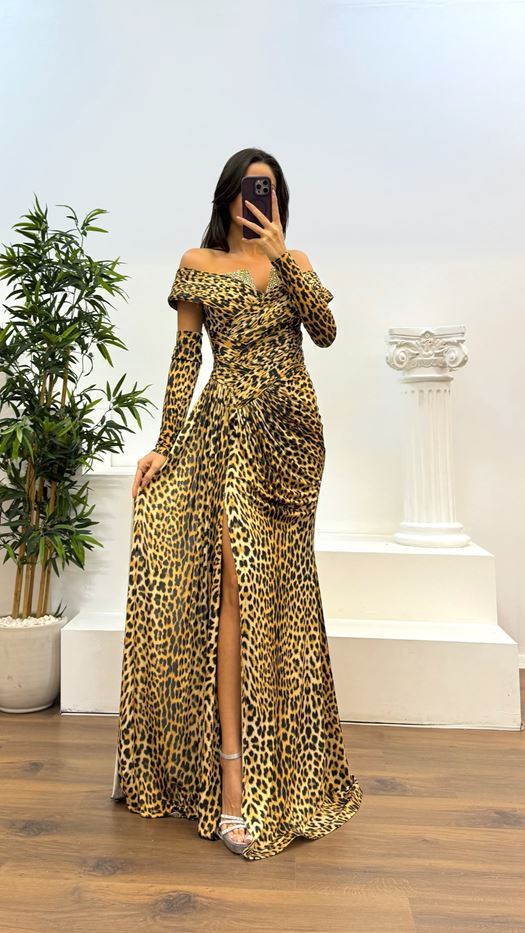 Leopard Madonna Collar Stone Detail Evening Dress