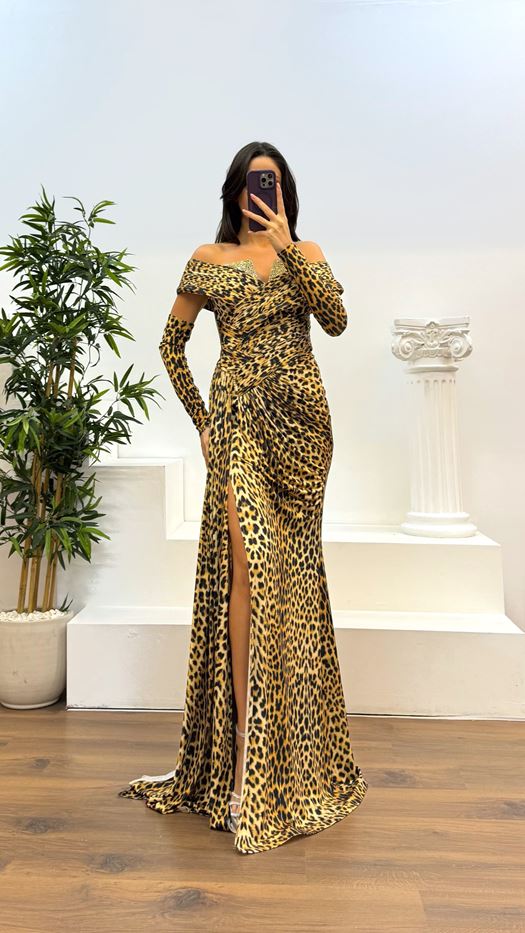 Leopard Madonna Collar Stone Detail Evening Dress