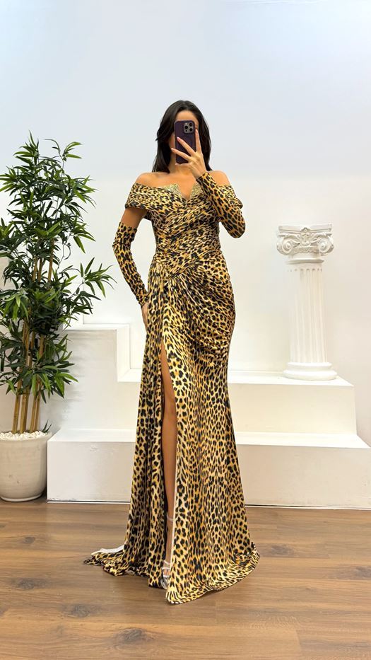 Leopard Madonna Collar Stone Detail Evening Dress