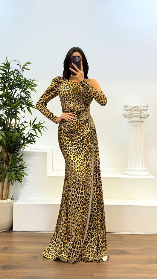 Leopard Single Sleeve Waist Detail Evening Dress