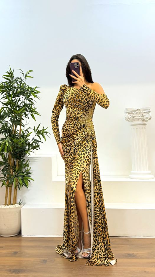 Leopard Single Sleeve Waist Detail Evening Dress