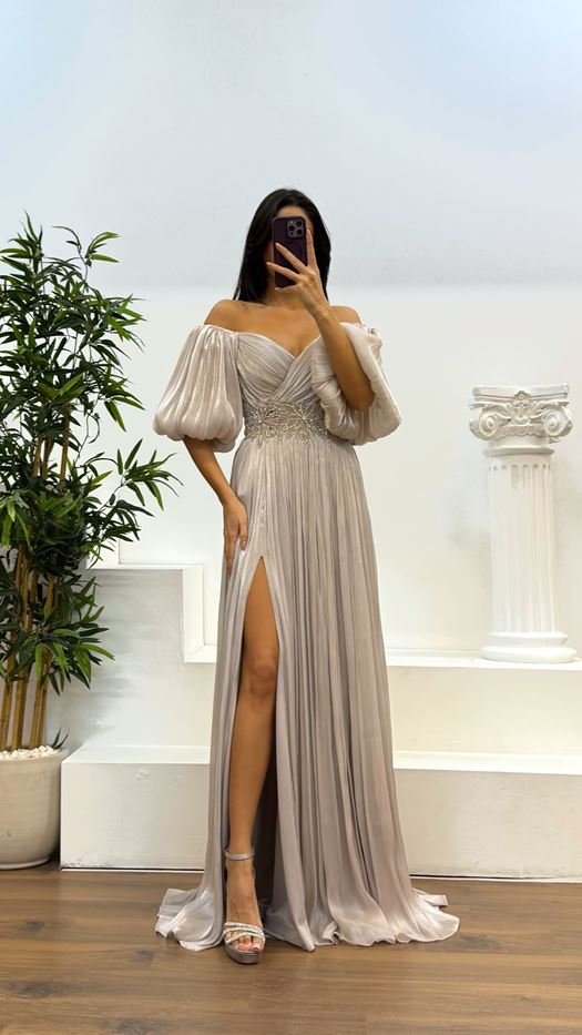 Balloon Sleeve Pleated Evening Dress