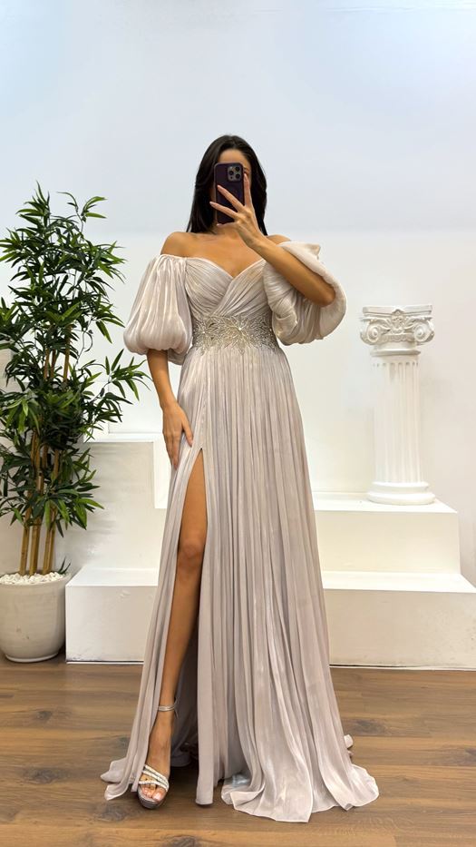 Balloon Sleeve Pleated Evening Dress