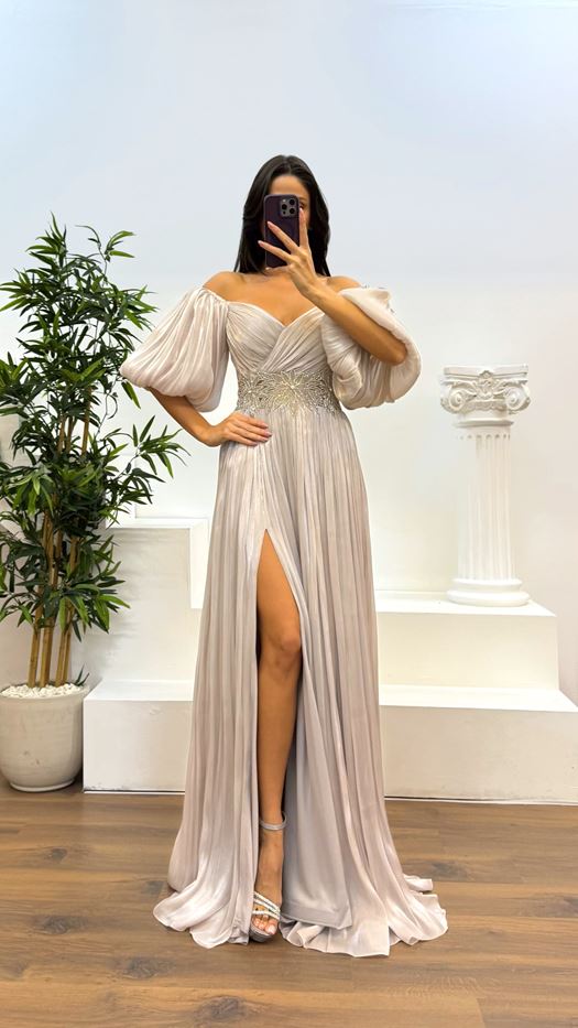 Balloon Sleeve Pleated Evening Dress