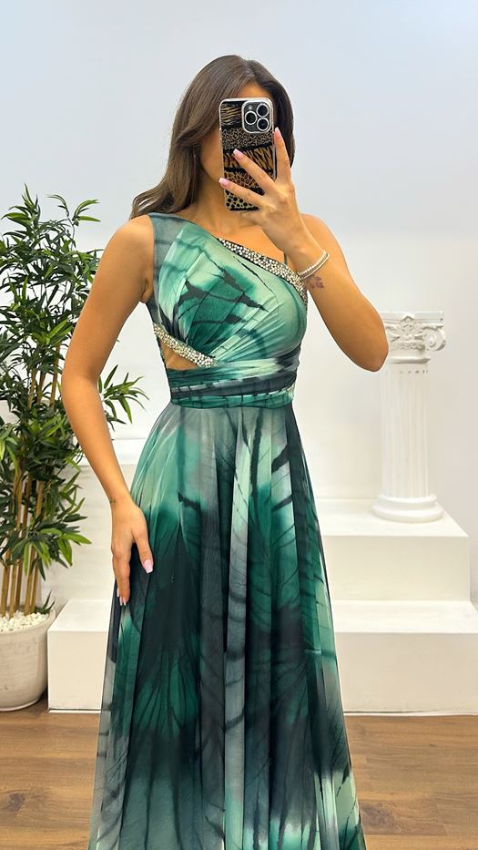 One Shoulder Waist Transparent Embroidery Detail Evening Dress