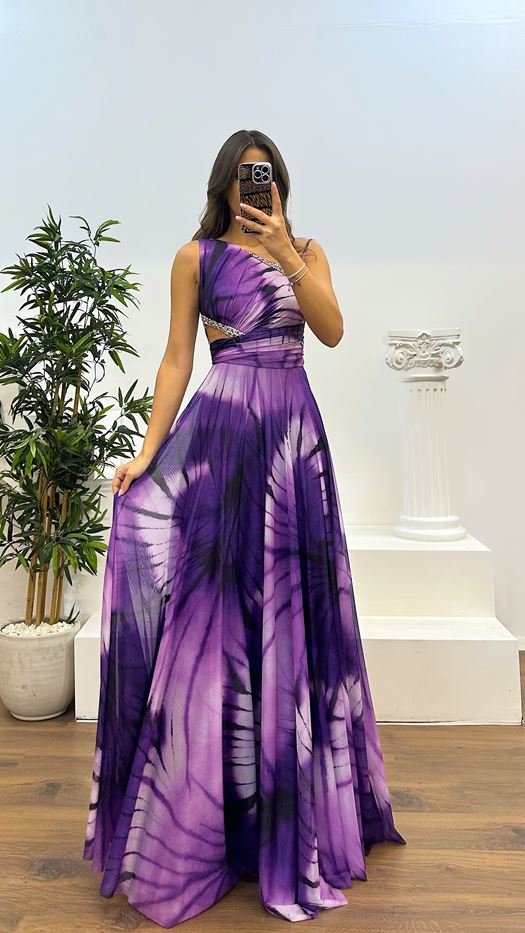 One Shoulder Waist Transparent Embroidery Detail Evening Dress