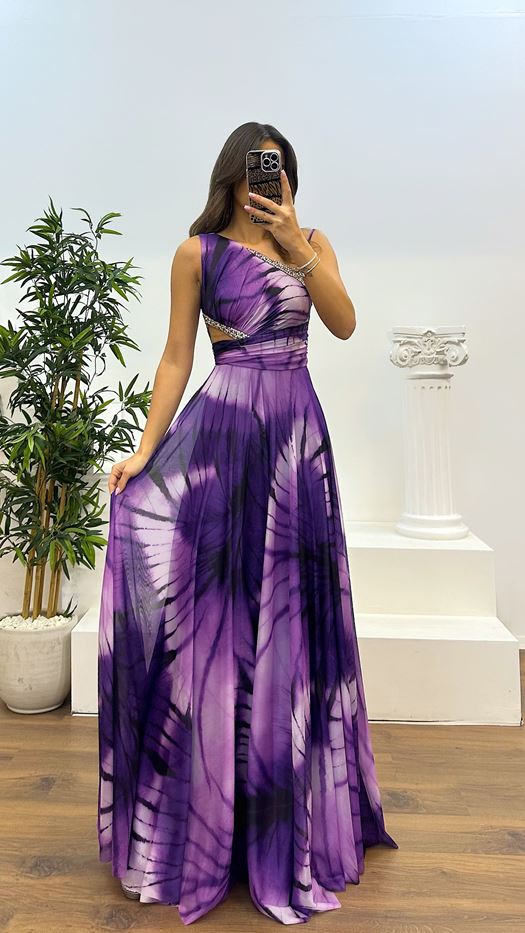 One Shoulder Waist Transparent Embroidery Detail Evening Dress