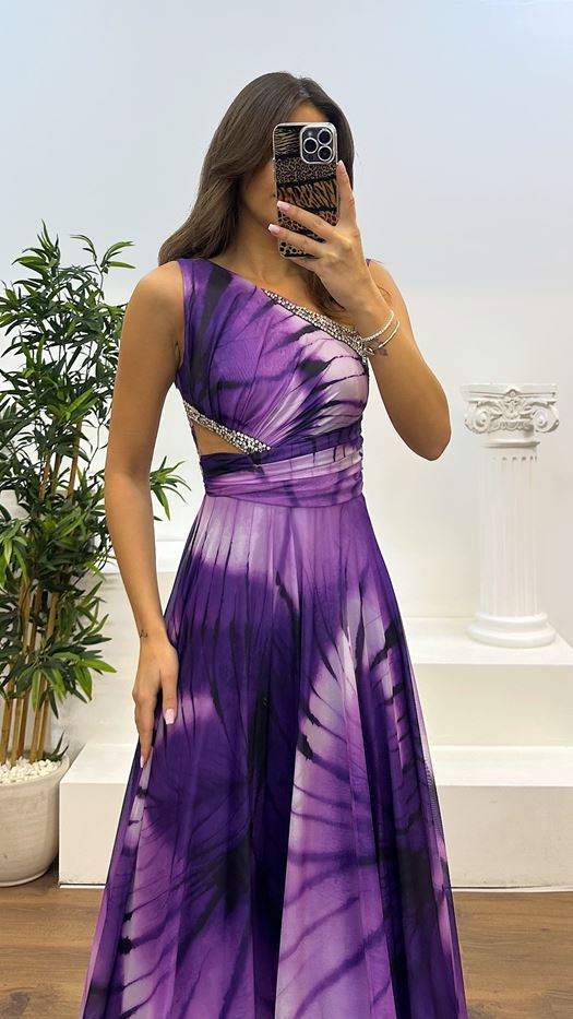 One Shoulder Waist Transparent Embroidery Detail Evening Dress