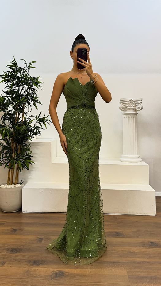 Strapless Chest Detail Embroidered Design Evening Dress