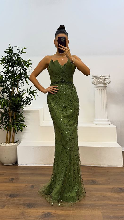 Strapless Chest Detail Embroidered Design Evening Dress