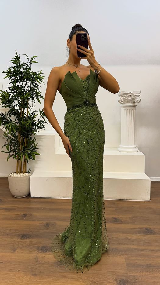 Strapless Chest Detail Embroidered Design Evening Dress