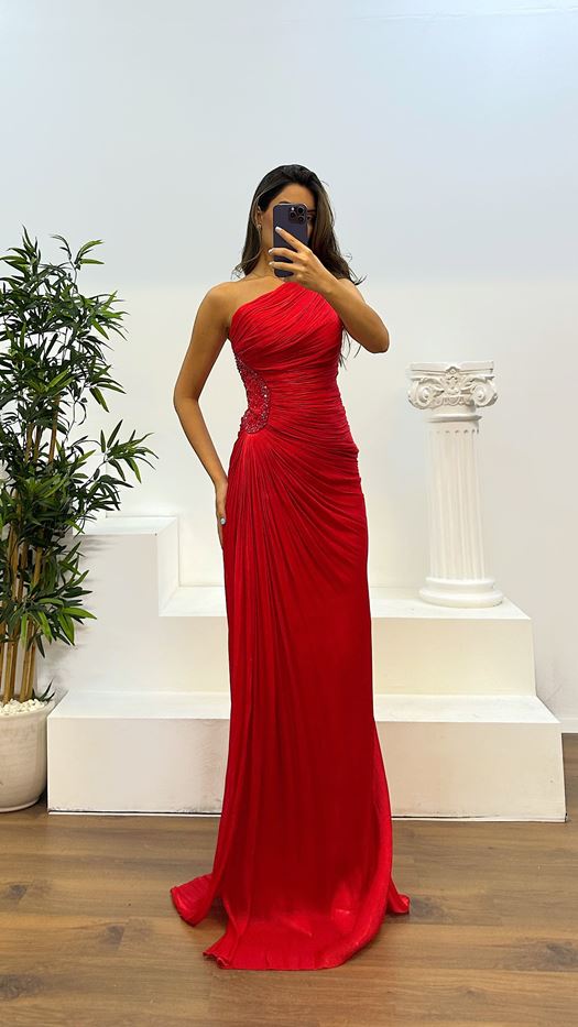 One Shoulder Waist Detail Chiffon Evening Dress