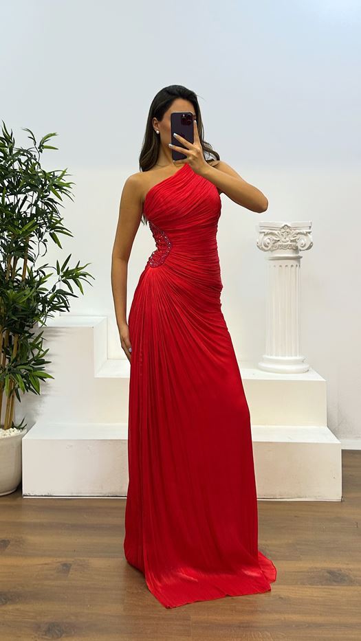 One Shoulder Waist Detail Chiffon Evening Dress